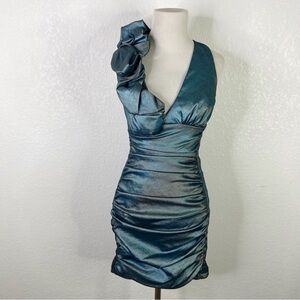 Vintage Cache Turquoise Blue Metallic Ruched Mini Dress